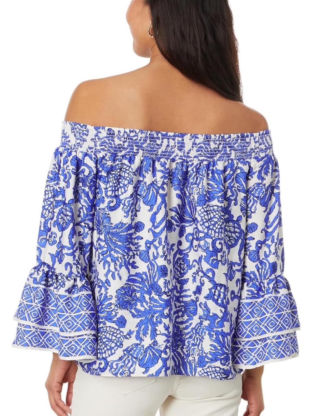 Lilly Pulitzer Women’s Kaori 3/4 Sleeve Off Shoulder Deeper Coconut Ride With Me - Picture 2 of 10